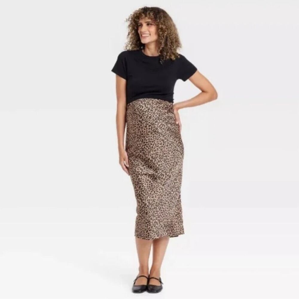 Isabel Maternity Ingrid and Isabel Tan and Black Cheetah Print Midi Skirt Size L